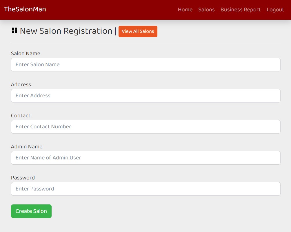 Super Admin Register New Salon Page